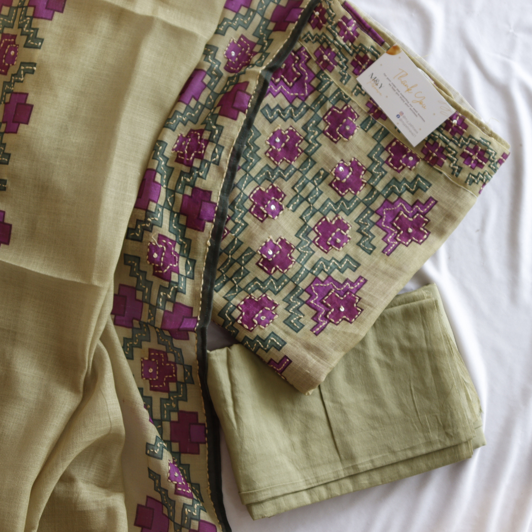 Olive Kantha Work Unstitched Hand Embroidered Suit Set