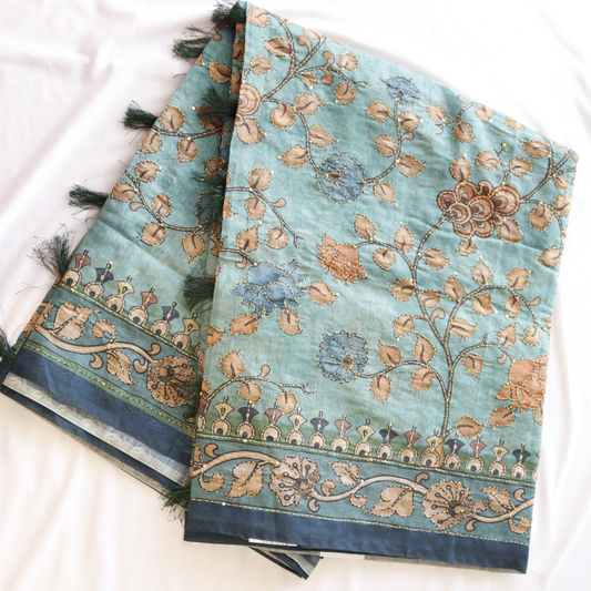 Linen Cotton Kantha Work Saree