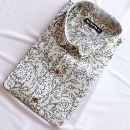 Grey Floral Printed Short Sleeve Cotton Shirt