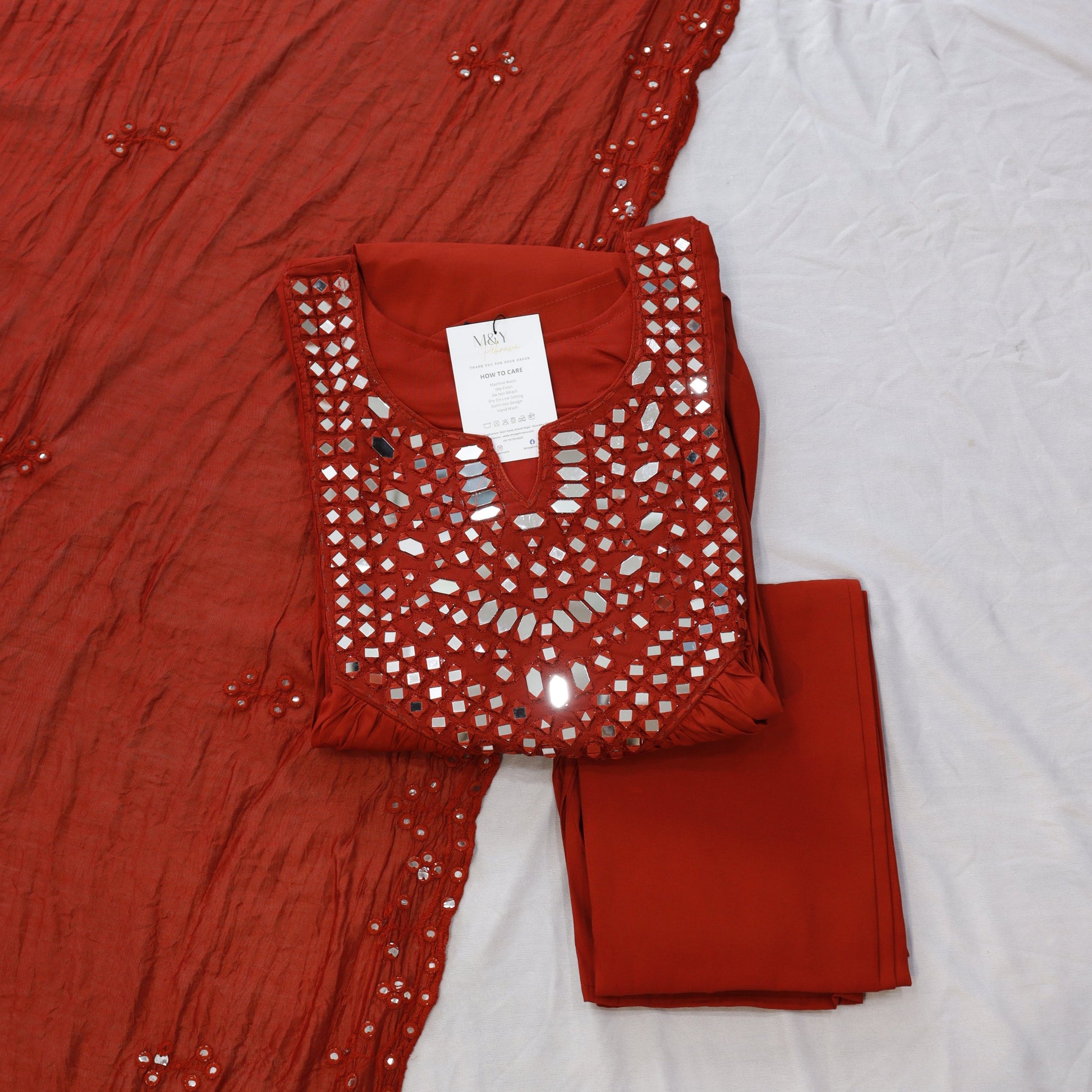 Mul Chanderi fabric rust suit with glass embellishments