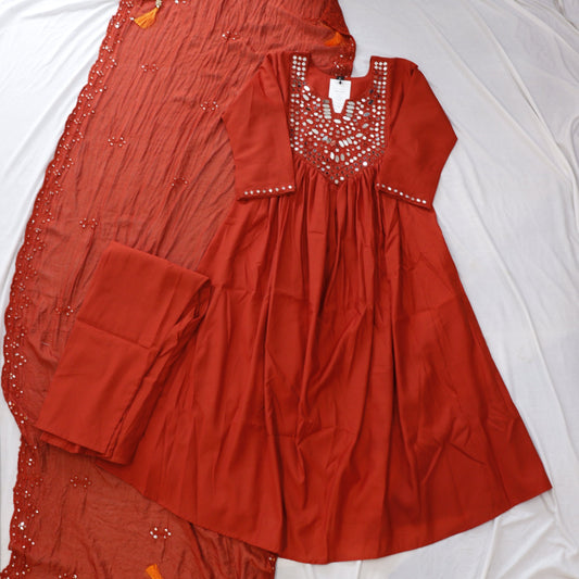 Mul Chanderi fabric rust suit with glass embellishments