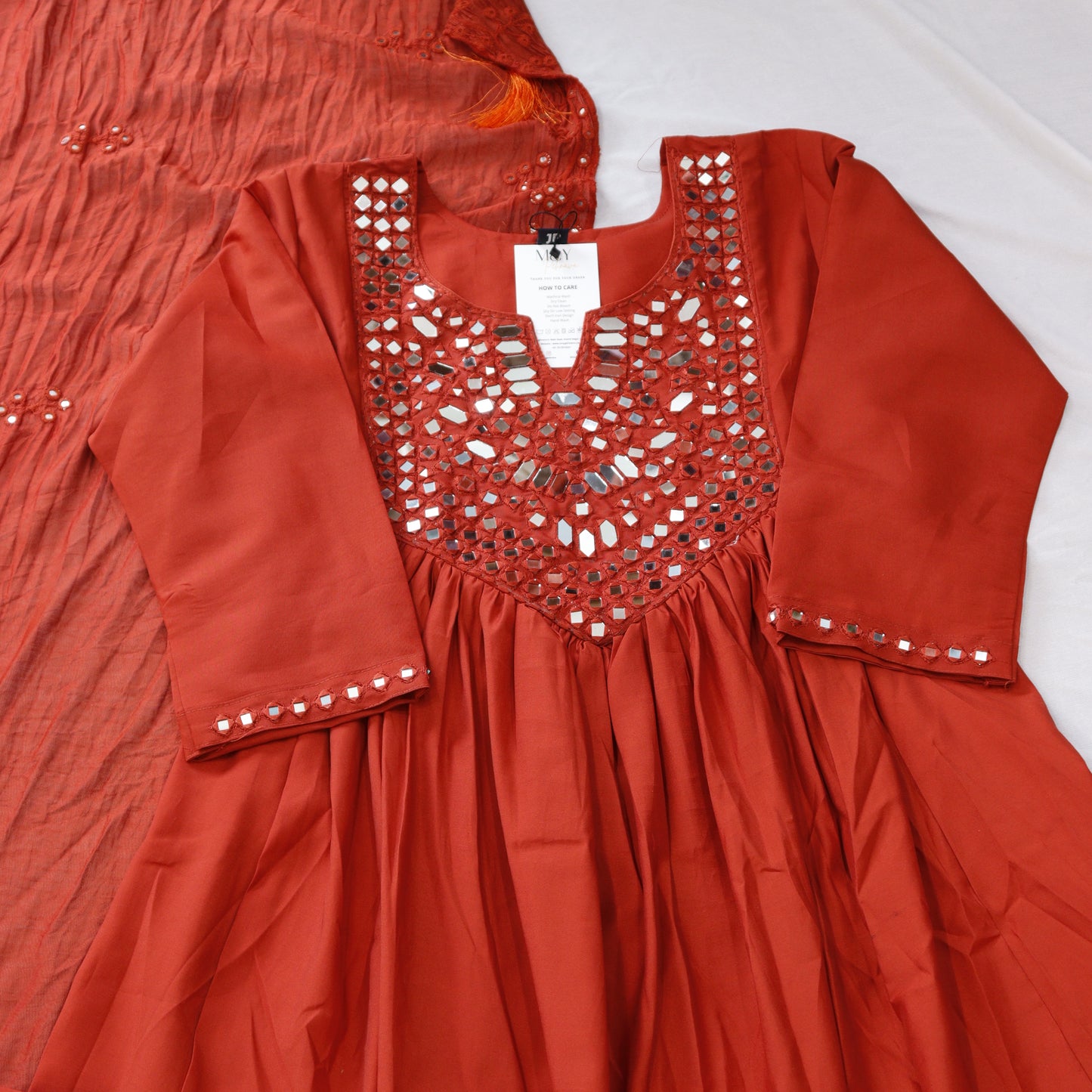Mul Chanderi fabric rust suit with glass embellishments