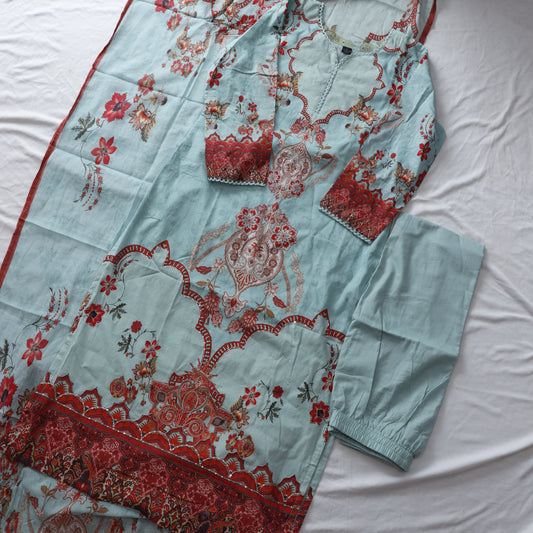 Digital Print Mul Cotton Suit Set with hand embroidery