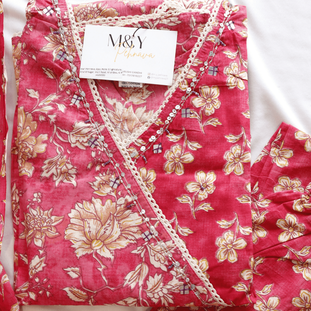 Angrakha Cherry Red Cotton Suit Set - M&Y Pehnava