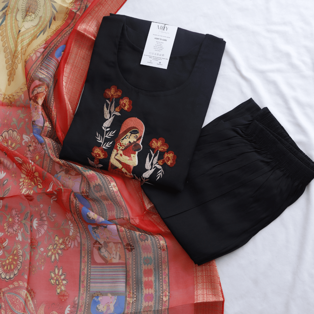 Black Cotton Kurta Pant Dupatta Set - M&Y Pehnava