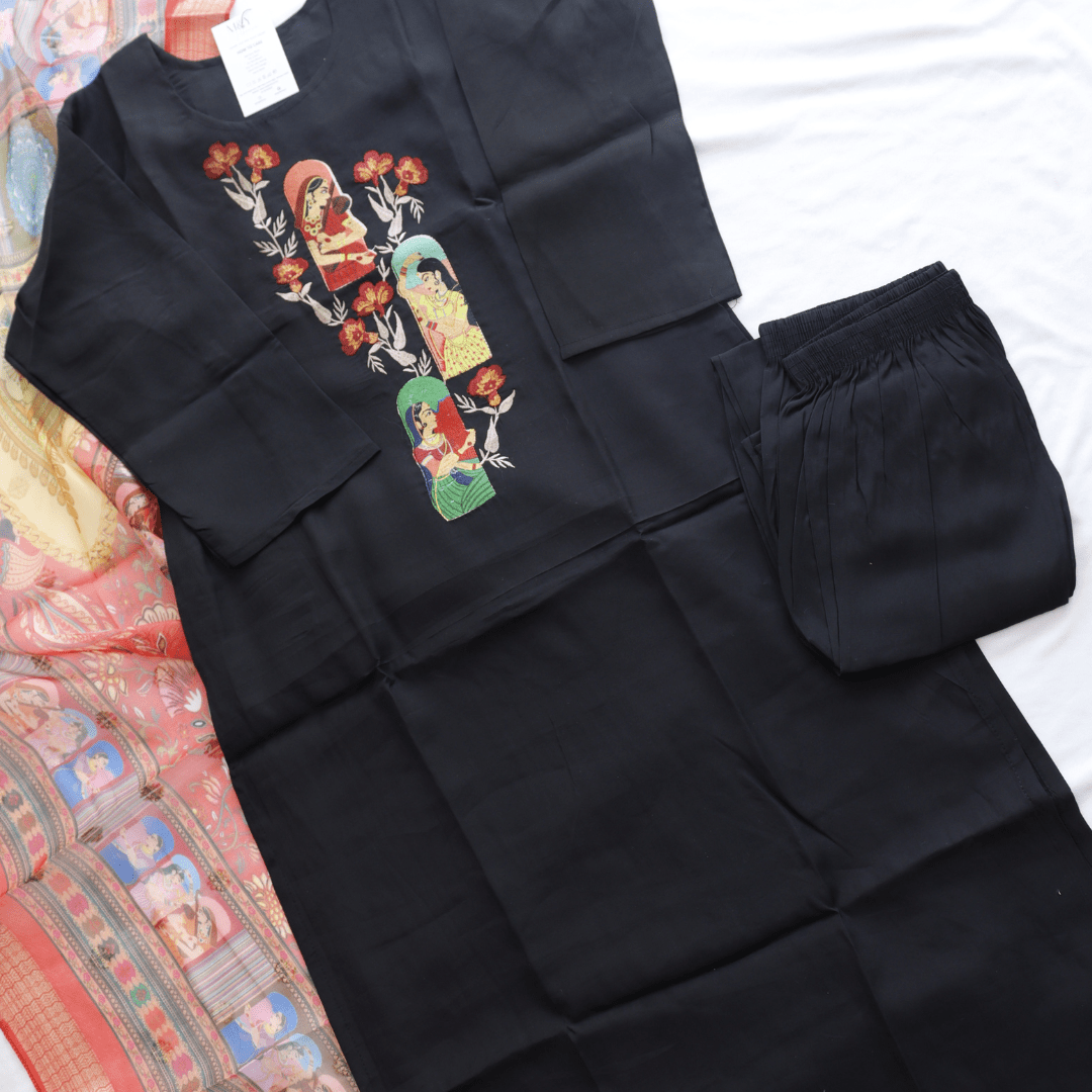 Black Cotton Kurta Pant Dupatta Set - M&Y Pehnava