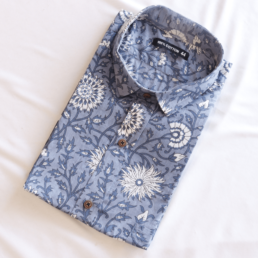 Blue Floral Short Sleeve Shirt - M&Y Pehnava