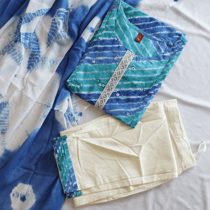 Blue Pure Cotton Leheriya Suit Set - M&Y Pehnava