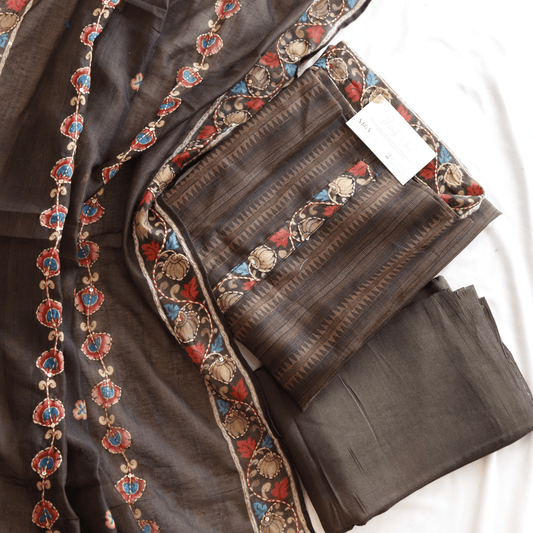 Brown Kantha Work Unstitched Hand Embroidered Suit Set - M&Y Pehnava