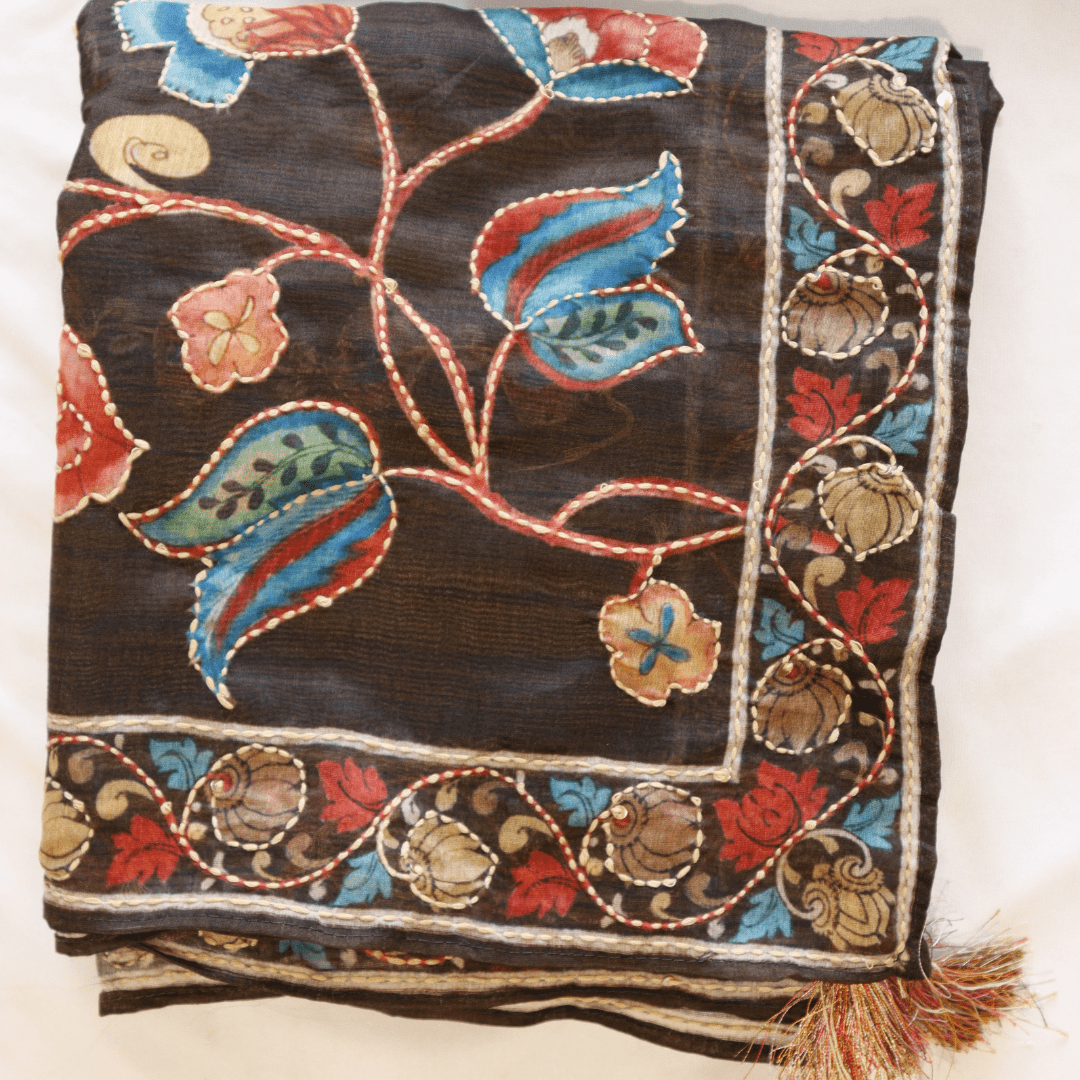 Brown Kantha Work Unstitched Hand Embroidered Suit Set - M&Y Pehnava