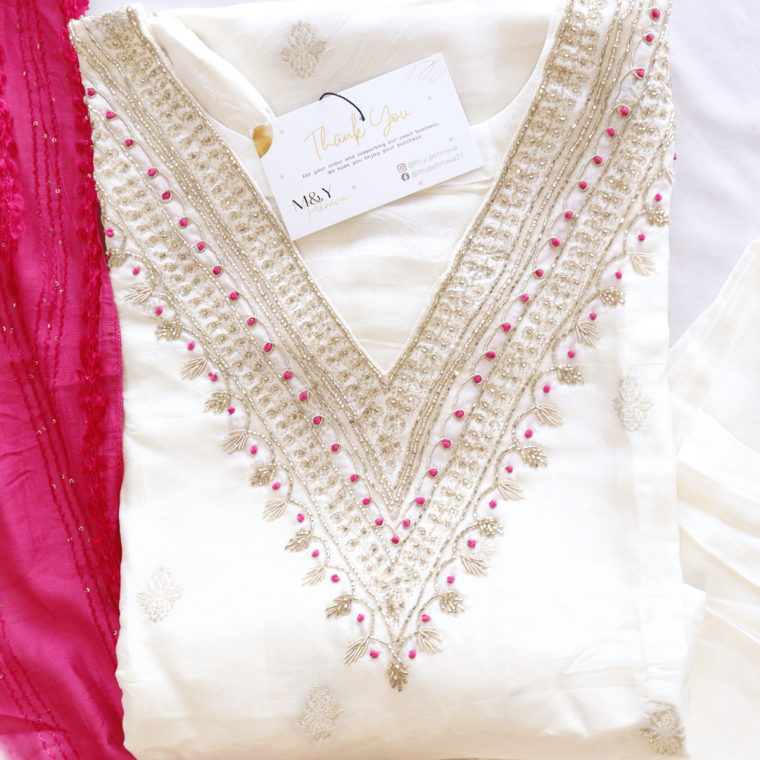 Cream & Pink Beads Work Silk Suit Set - M&Y Pehnava