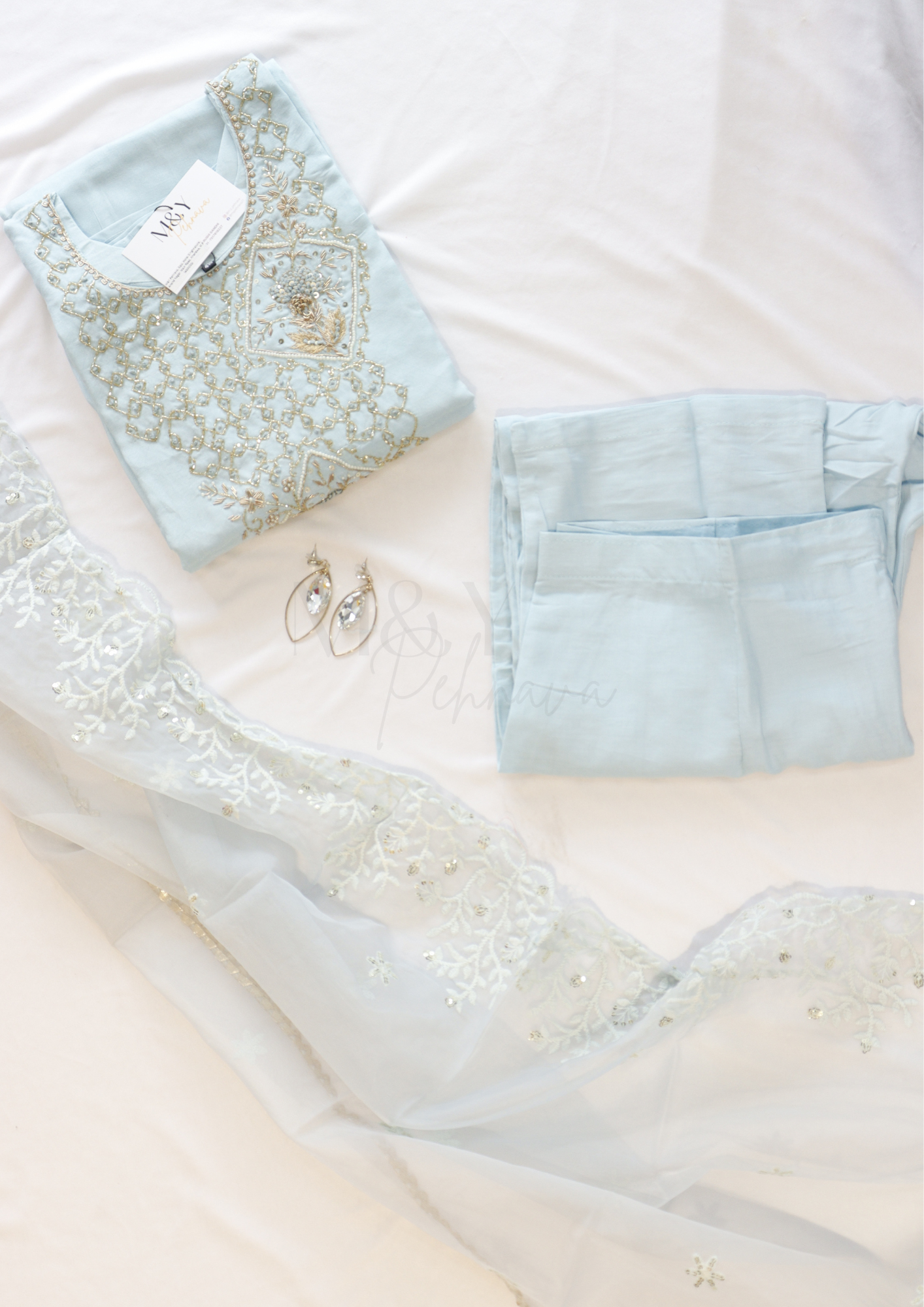 Sky Blue Beads Work Suit Set