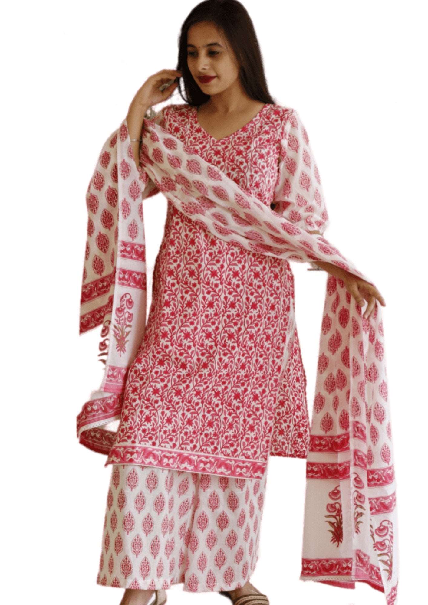 Hand Block Cotton Printed Kurti Pant Dupatta Set - M&Y Pehnava