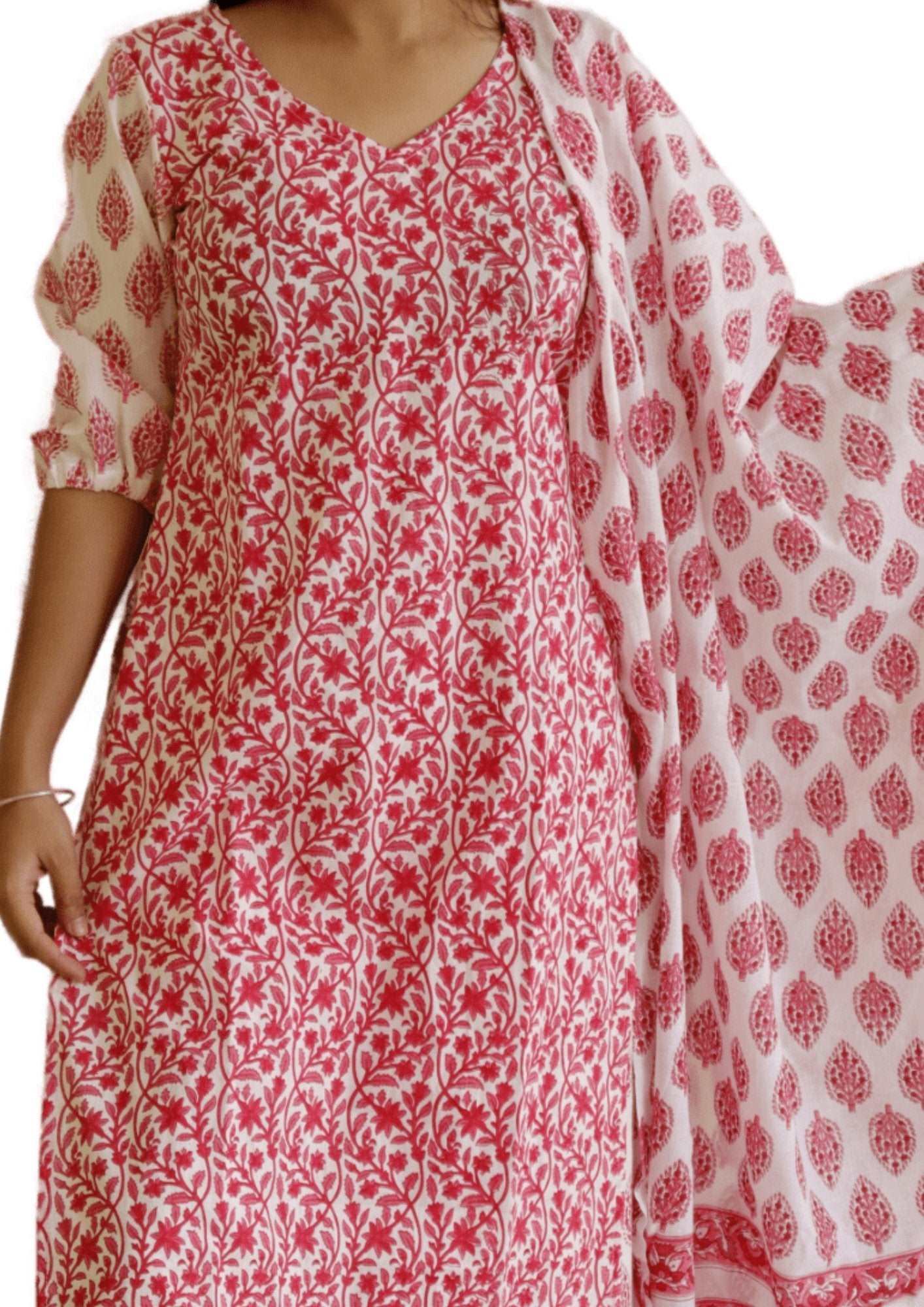 Hand Block Cotton Printed Kurti Pant Dupatta Set - M&Y Pehnava