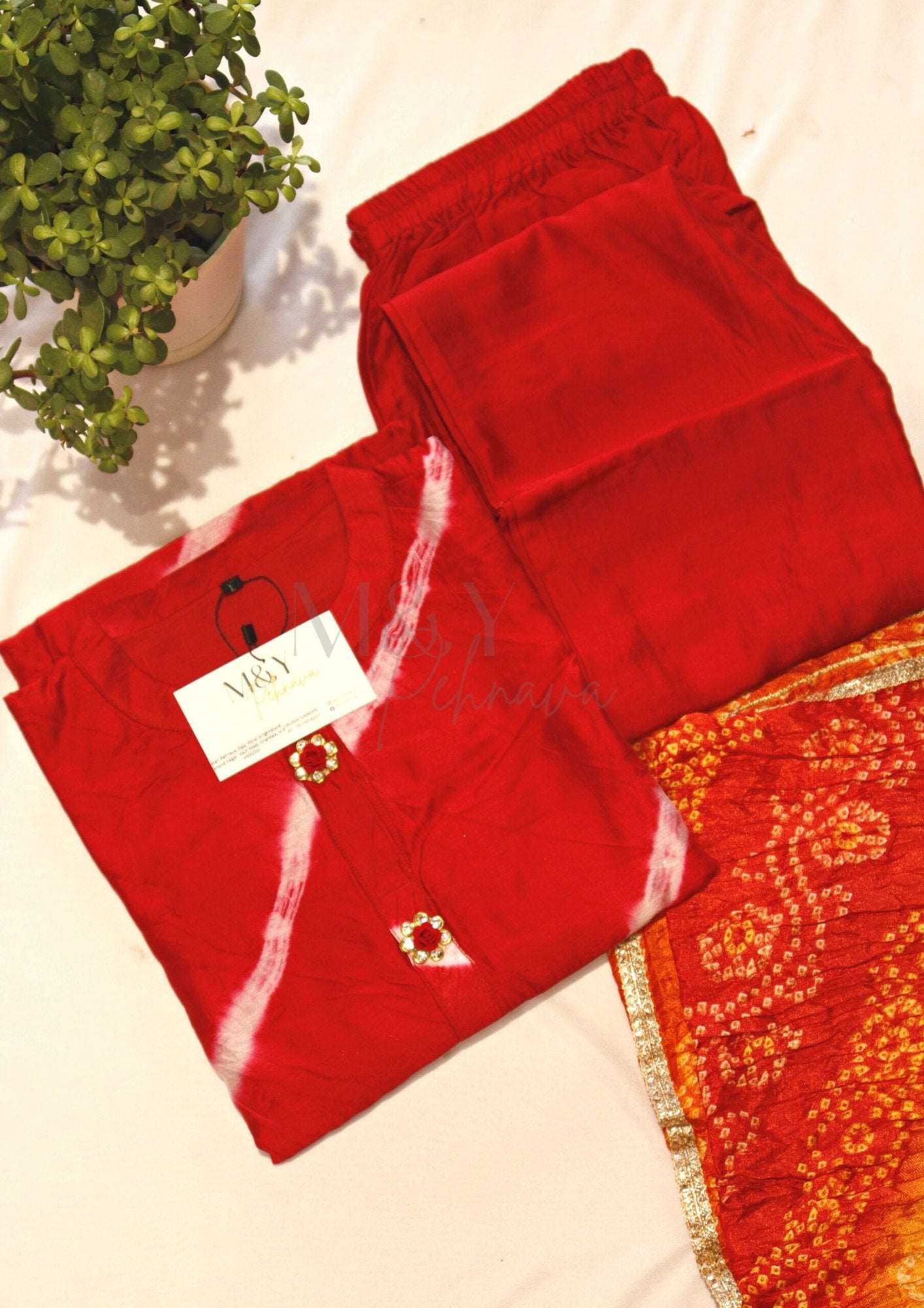 Red Leheriya Bandhej Cotton Suit Set - M&Y Pehnava