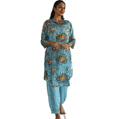 Turquoise Muslin Printed Co-Ord Set - M&Y Pehnava